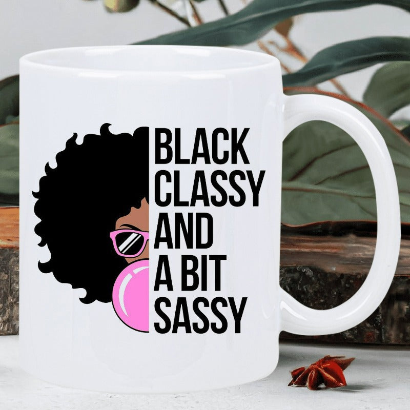 Tailorly White Ceramic 11 oz Mug - Black Classy And A Bit Sassy Minimalist Half Face Silhouette Of Woman Blowing Pink Bubblegum Woman