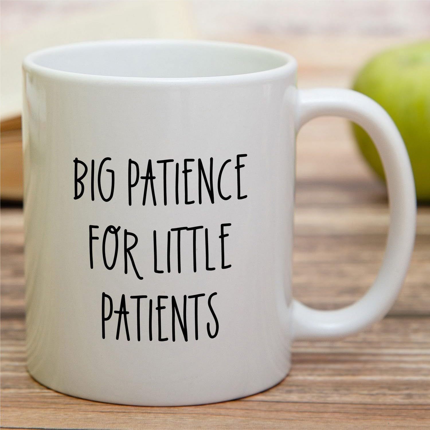 Tailorly White Ceramic 11 oz Mug - Big Patience For Little Patients Minimalist White Ceramic Vessel Sitting On A Natural Wooden Surface Mug