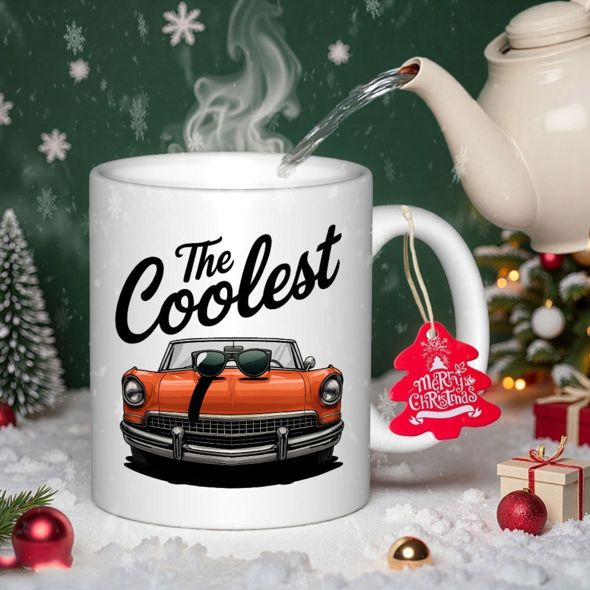Tailorly White Ceramic 11 oz Mug - The Coolest Vibrant Orange Vintage Classic Car Wearing Stylish Sunglasses In Winter Car