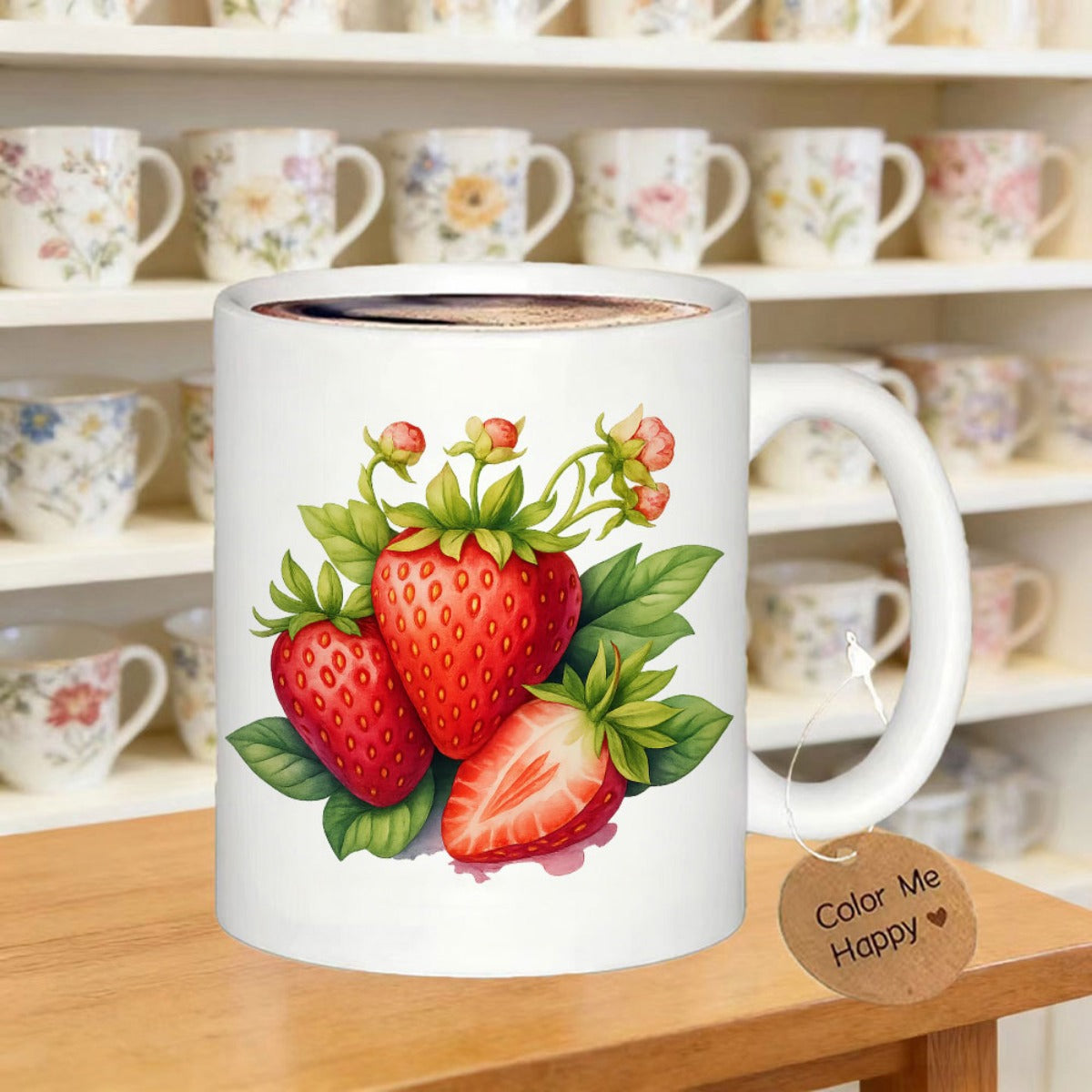 Tailorly White Ceramic 11 oz Mug - Color Me Happy Vibrant Red Strawberries With Lush Green Leaves And Delicate Blossoms Strawberry