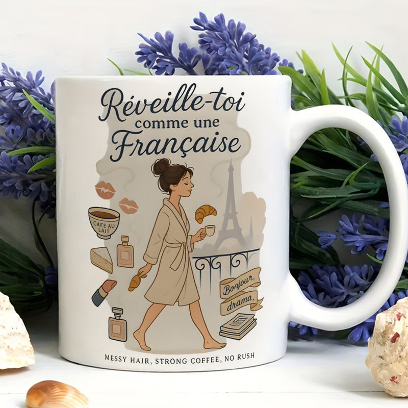 Tailorly White Ceramic 11 oz Mug - Messy Hair Strong Coffee No Rush Morning Robe Lady Walking Past Eiffel Tower Carrying Delicious Croissant Woman