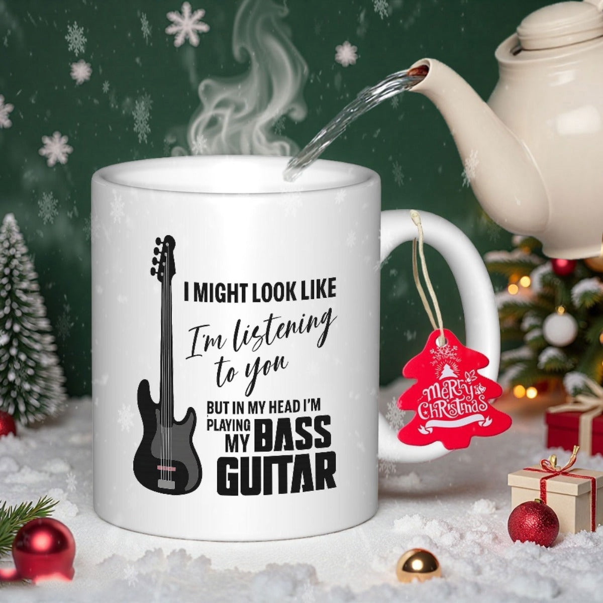 Tailorly White Ceramic 11 oz Mug - I Might Look Like Im Listening To You But In My Head Im Playing My Bass Guitar Sleek Black Musical Instrument Silhouette