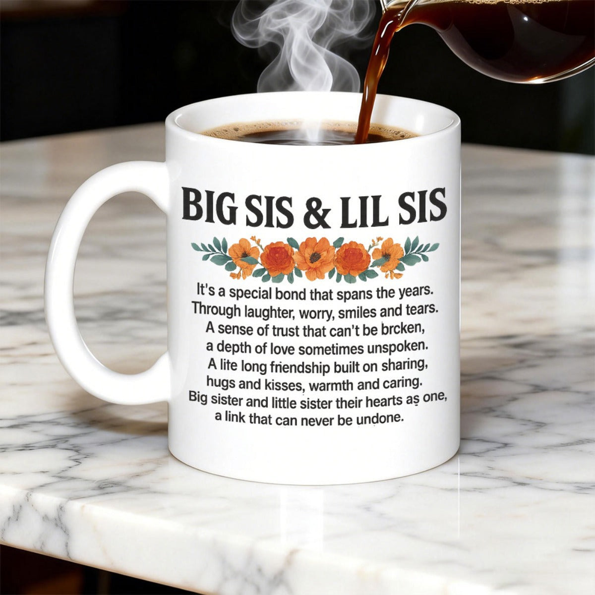 Tailorly White Ceramic 11 oz Mug - Big Sis Lil Sis Vibrant Orange Blossoms Sitting Under Bold Elegant Serif Text Description Flower