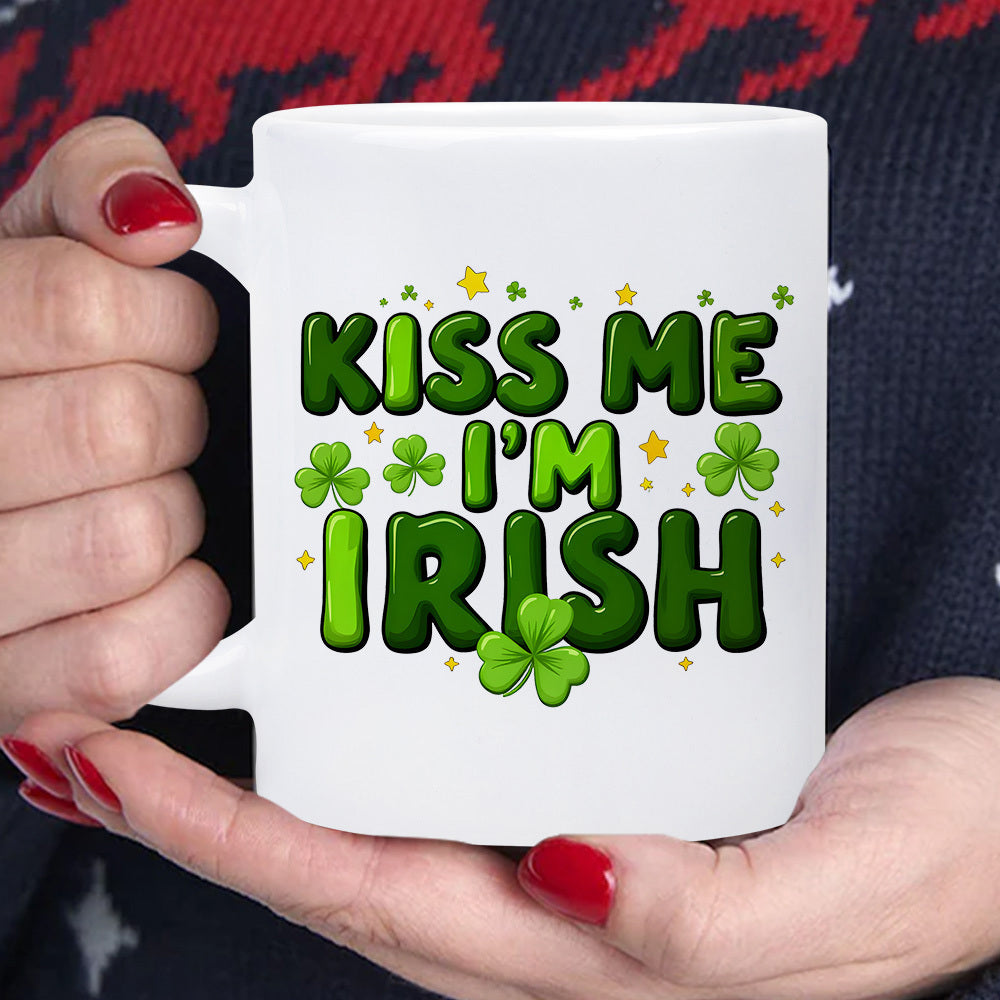 Tailorly White Ceramic 11 oz Mug - Kiss Me I M Irish Vibrant Green Shamrocks With Tiny Golden Stars Scattering In Festive Atmosphere Shamrock
