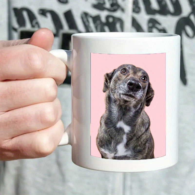 Tailorly White Ceramic 11 oz Mug - Charming Brindle Dog With A White Patch Resting Against Pink Background Dog