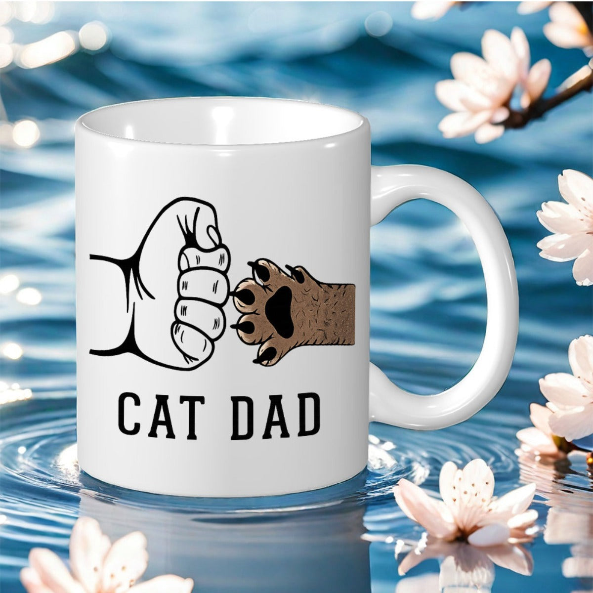 Tailorly White Ceramic 11 oz Mug - Cat Dad Minimalist Human Hand Gently Bumping A Small Furry Paw