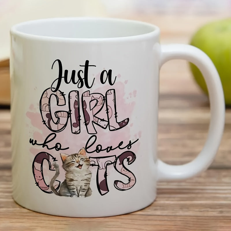 Tailorly White Ceramic 11 oz Mug - Just A Girl Who Loves Cats Adorable Smiling Tabby Cat Sitting Amidst Soft Pink Watercolor Floral Textures Cat