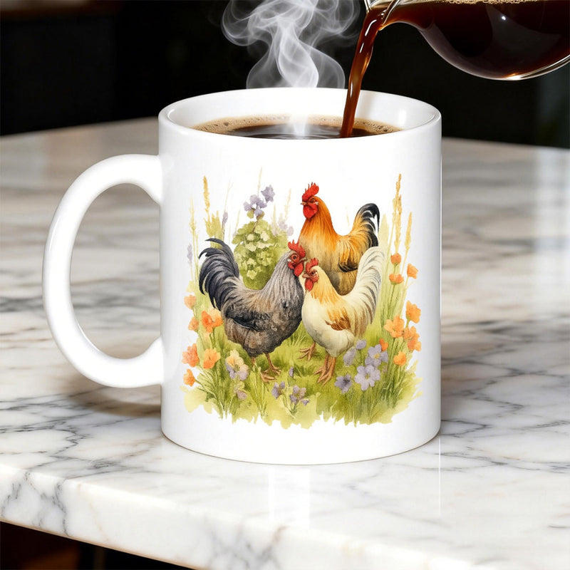 Tailorly White Ceramic 11 oz Mug - Colorful Farm Standing Among Blooming Flowers And Green Meadow Grass Rooster