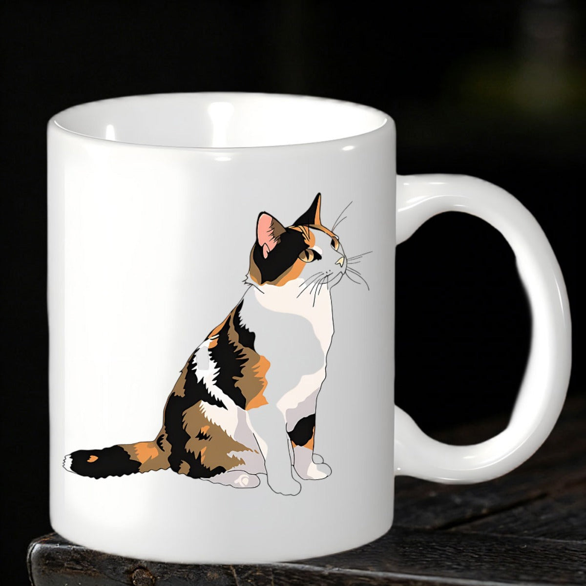Tailorly White Ceramic 11 oz Mug - Beautiful Calico Feline Sitting Gracefully With Patches Of Orange And Black Cat