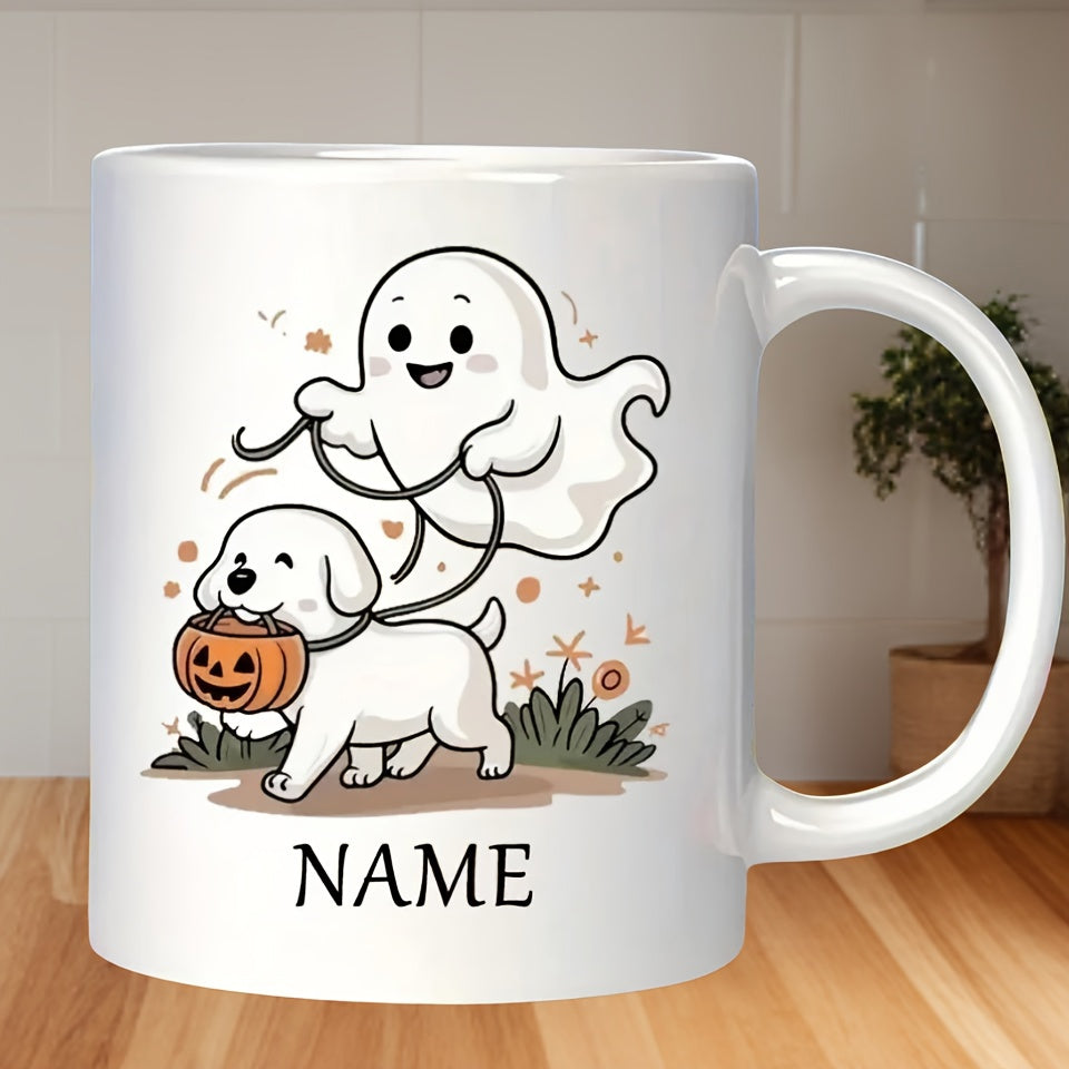 Tailorly White Ceramic 11 oz Mug - Name Cute Friendly Ghost Walking A Happy White Puppy Holding Halloween Pumpkin Dog