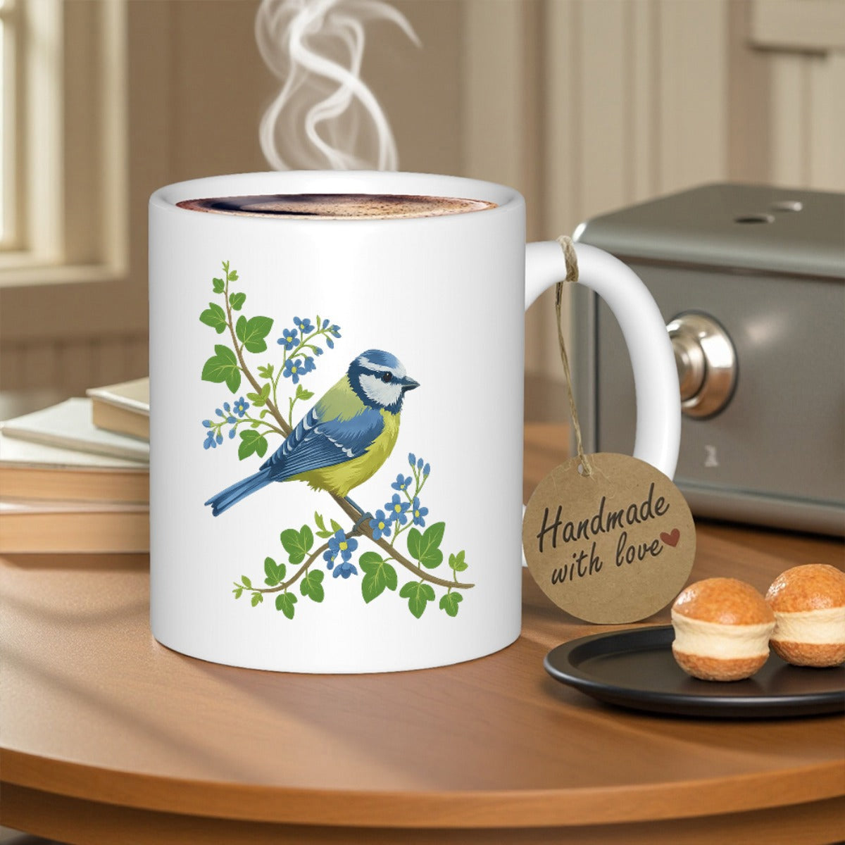 Tailorly White Ceramic 11 oz Mug - Vibrant Blue Tit Perched Among Green Leaves And Blue Blossoms Bird