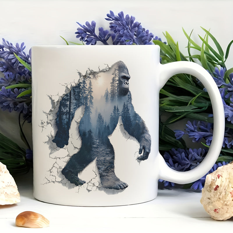 Tailorly White Ceramic 11 oz Mug - Majestic Pine Forest Silhouette Captured Inside A Walking Mythical Creature Bigfoot