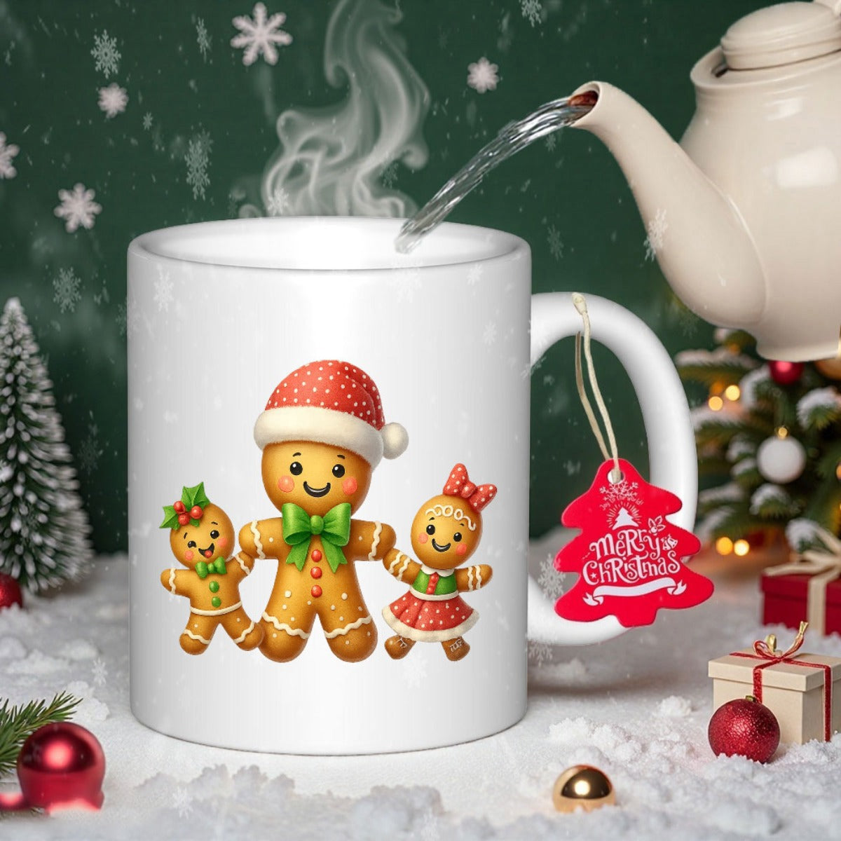 Tailorly White Ceramic 11 oz Mug - Merry Christmas Adorable Festive Family Wearing Cute Santa Hats And Bows Gingerbread