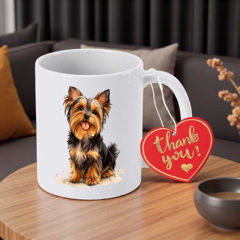 Tailorly White Ceramic 11 oz Mug - Thank You Adorable Fluffy Small Dog Sitting Happily On White Ceramic Yorkshire Terrier