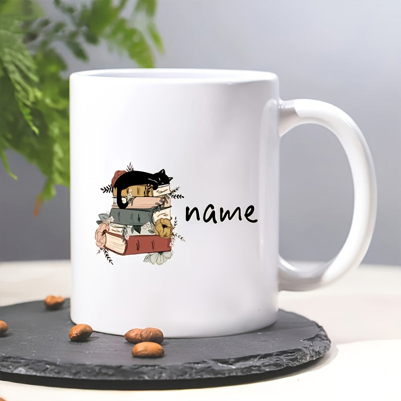 Tailorly White Ceramic 11 oz Mug - Name Adorable Black And White Cats Resting Quietly On Stacked Vintage Hardcover Books Cat