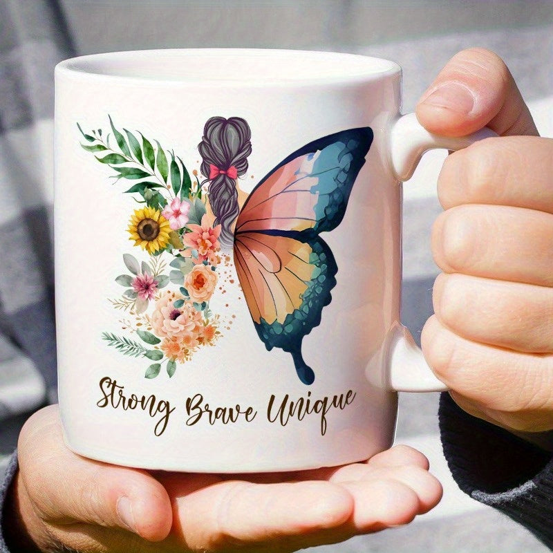 Tailorly White Ceramic 11 oz Mug - Strong Brave Unique Vibrant Floral Bouquet Blending Into Graceful Monarch Butterfly Wing Silhouette