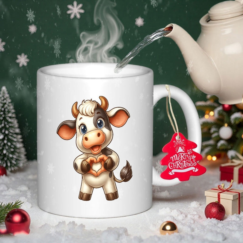 Tailorly White Ceramic 11 oz Mug - Adorable Cartoon Spotted Calf Making Heart Shape Gestures Standing On Snow Cow