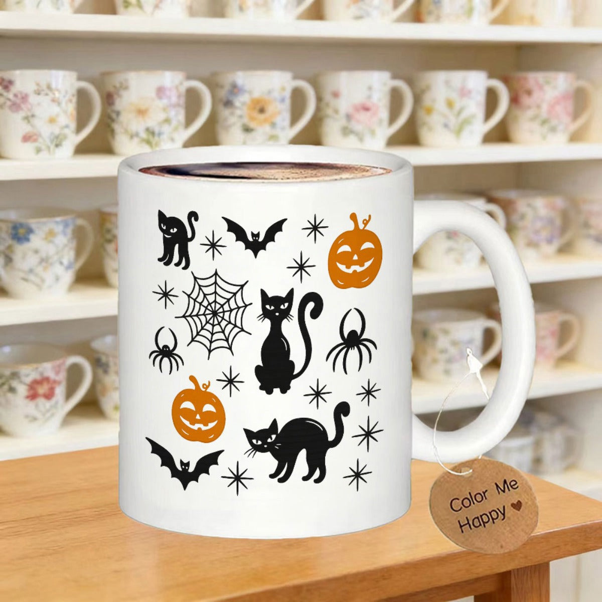 Tailorly White Ceramic 11 oz Mug - Spooky Black Cats Among Flying Bats And Carved Orange Pumpkins Halloween
