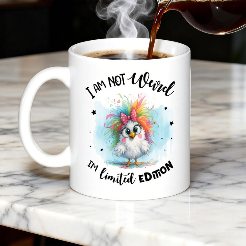 Tailorly White Ceramic 11 oz Mug - I Am Not Weird Im Limited Edition Adorable Fluffy Creature With Vibrant Rainbow Feathers Wearing A Small Pink Bow Bird