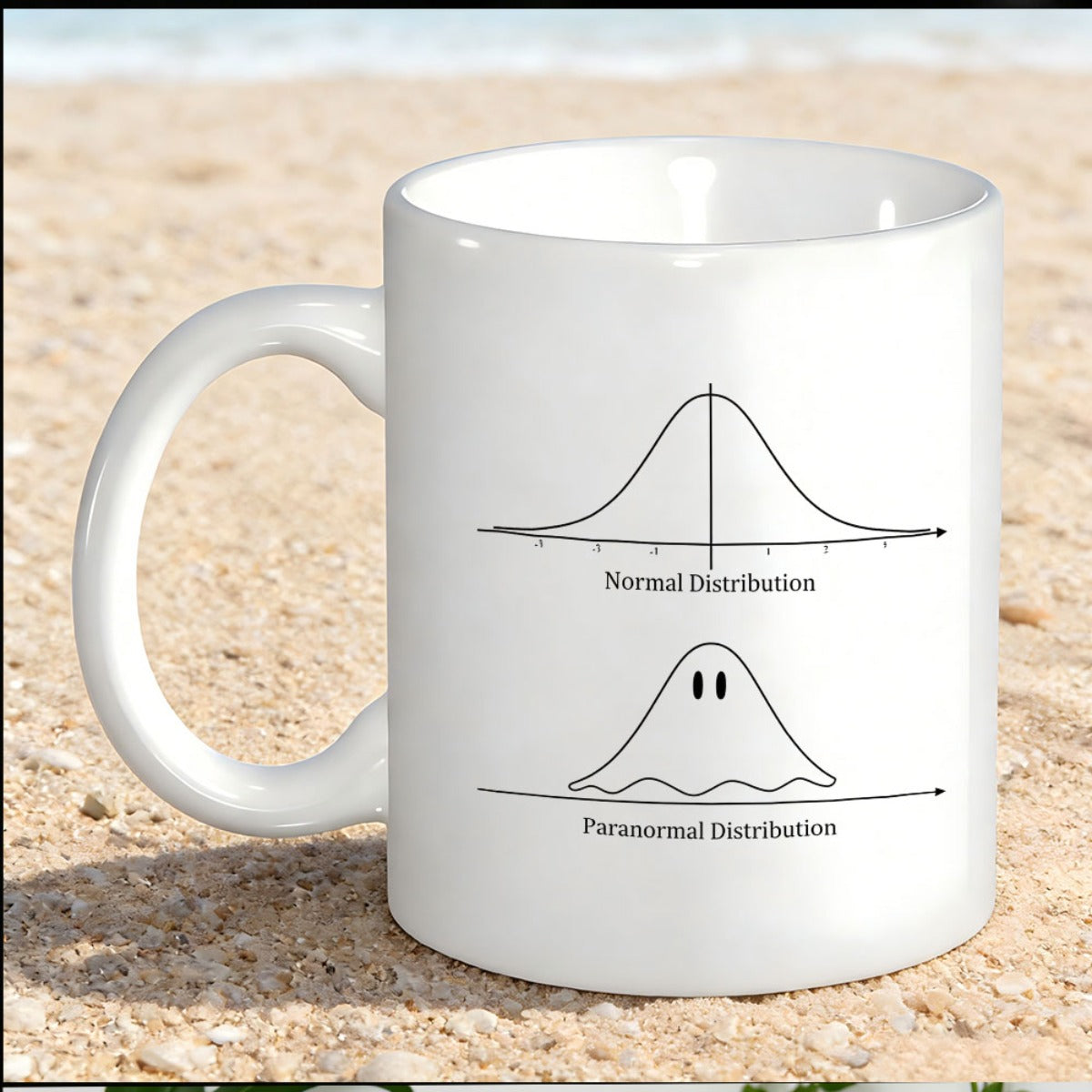 Tailorly White Ceramic 11 oz Mug - Normal Distribution Paranormal Distribution Funny Mathematical Bell Curve Pun With Cute Haunted Spirit Ghost