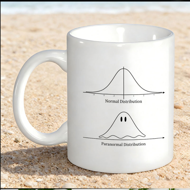 Tailorly White Ceramic 11 oz Mug - Normal Distribution Paranormal Distribution Funny Mathematical Bell Curve Pun With Cute Haunted Spirit Ghost
