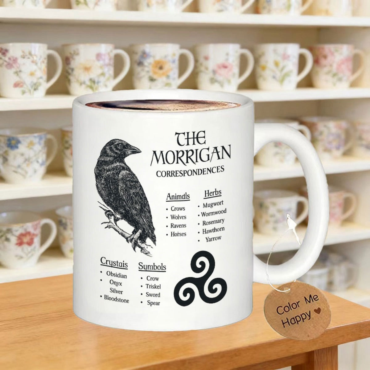 Tailorly White Ceramic 11 oz Mug - The Morrigan Correspondences Intricate Black Crow Perched On Branch With Ancient Triskele Symbol Crow