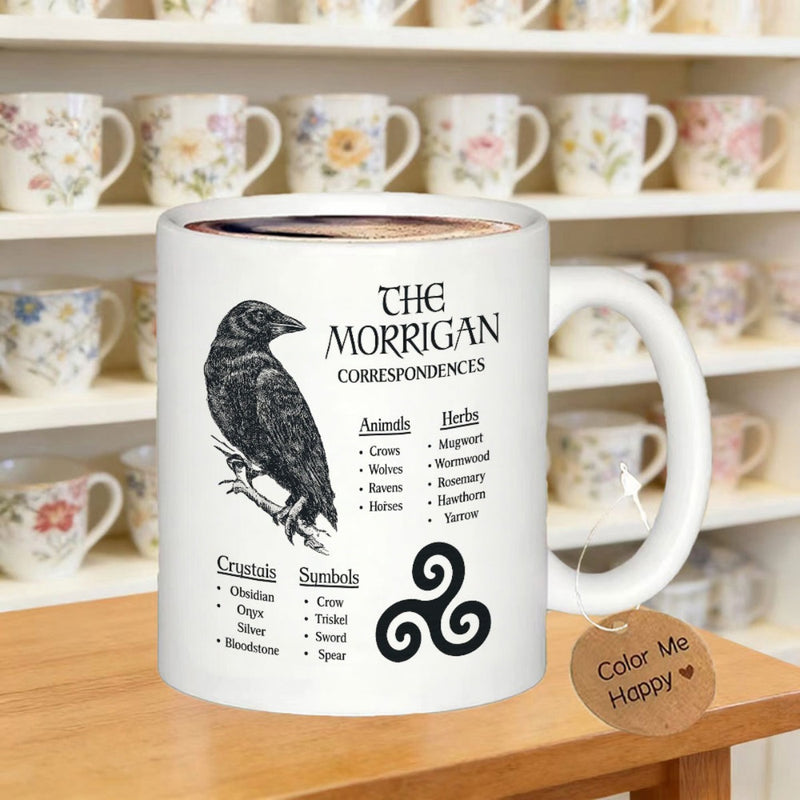 Tailorly White Ceramic 11 oz Mug - The Morrigan Correspondences Intricate Black Crow Perched On Branch With Ancient Triskele Symbol Crow