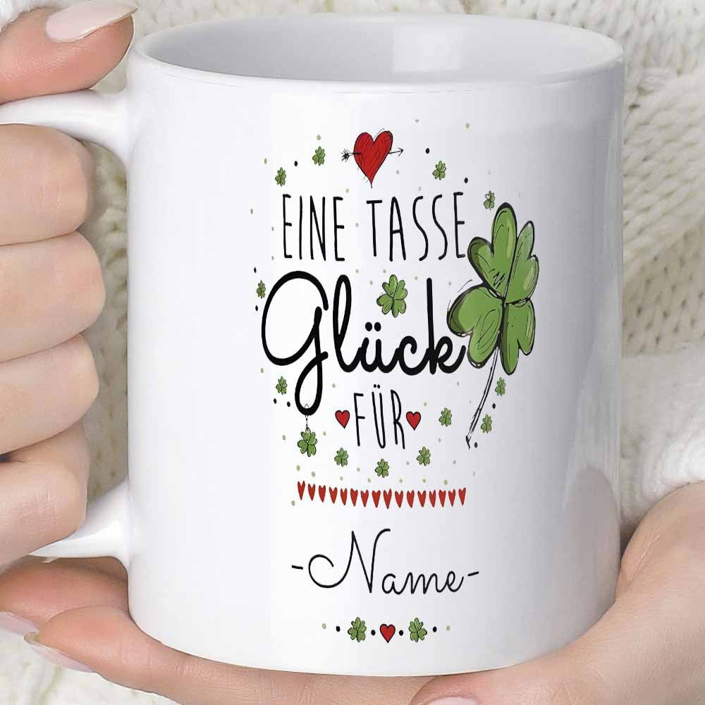 Tailorly White Ceramic 11 oz Mug - Name Vibrant Artistic Hand Drawn Green Four Leaf Clover With Red Hearts Clover