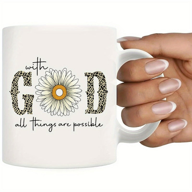 Tailorly White Ceramic 11 oz Mug - With God All Things Are Possible Blooming White Daisy Petals Between Leopard Print Texture Letters Mug