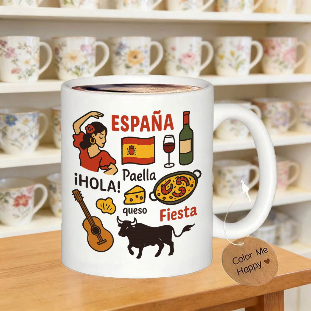 Tailorly White Ceramic 11 oz Mug - Paella Fiesta Cultural Icons Featuring Flamenco Dancer Wine And Traditional Food Bull
