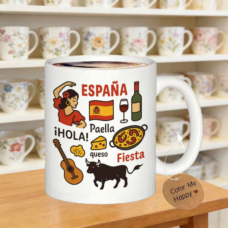 Tailorly White Ceramic 11 oz Mug - Paella Fiesta Cultural Icons Featuring Flamenco Dancer Wine And Traditional Food Bull