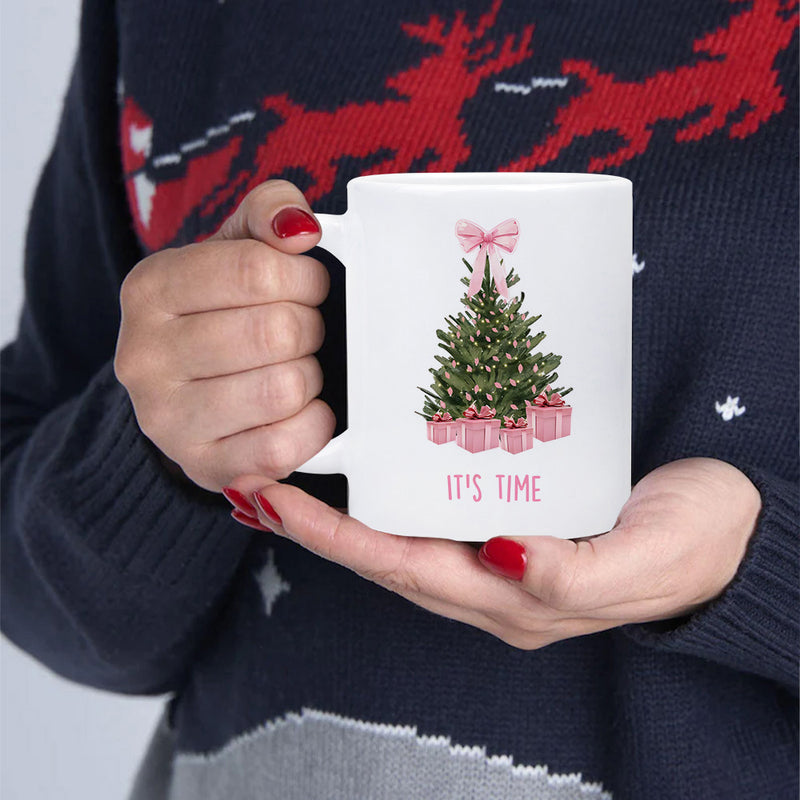 Tailorly White Ceramic 11 oz Mug - It's Time Festive Evergreen Decorated With Pink Ribbon And Pretty Gift Boxes Christmas Tree