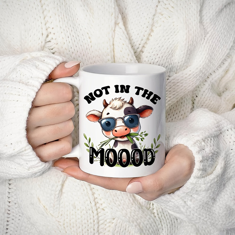 Tailorly White Ceramic 11 oz Mug - Not In The Moood Cute Adorable Cartoon Wearing Blue Sunglasses While Chewing On Leafy Green Grass Cow