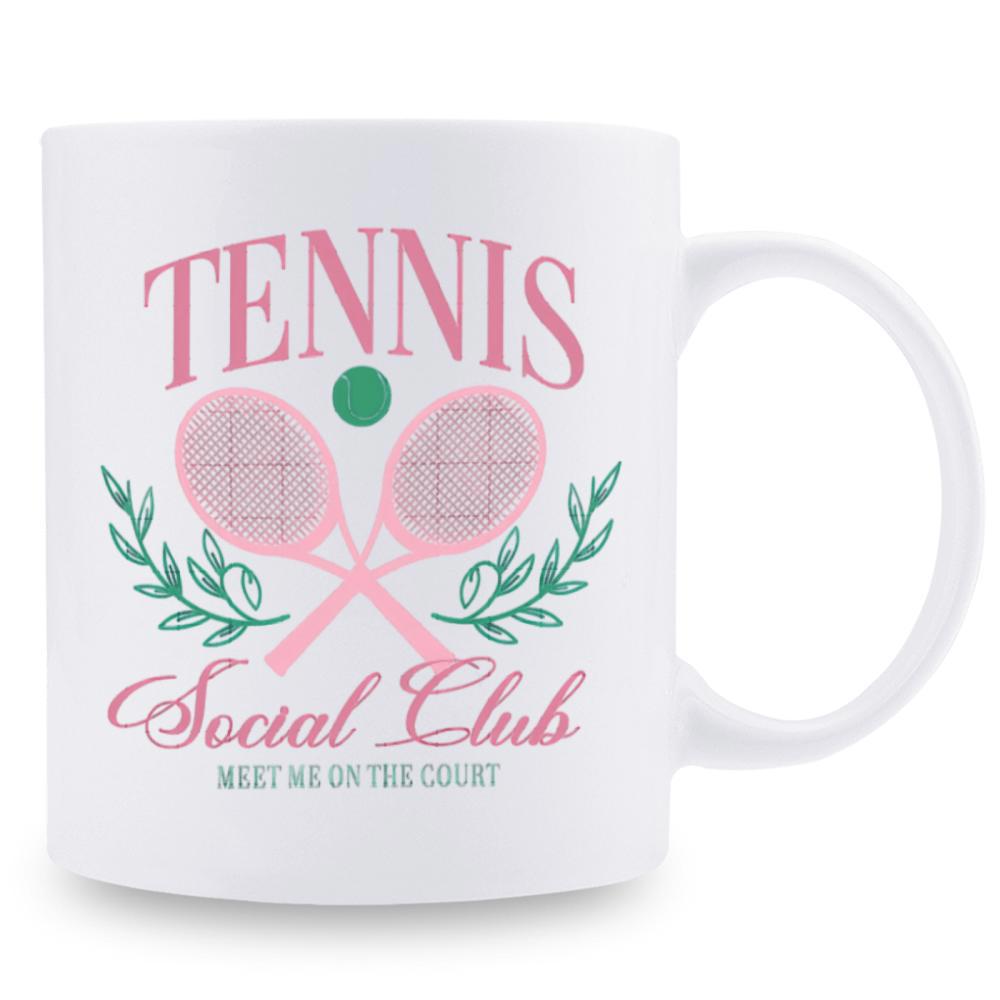 Tailorly White Ceramic 11 oz Mug - Tennis Social Club Meet Me On The Court Vintage Crossed Pink Tennis Rackets Surrounded By Green Leafy Branches Racket