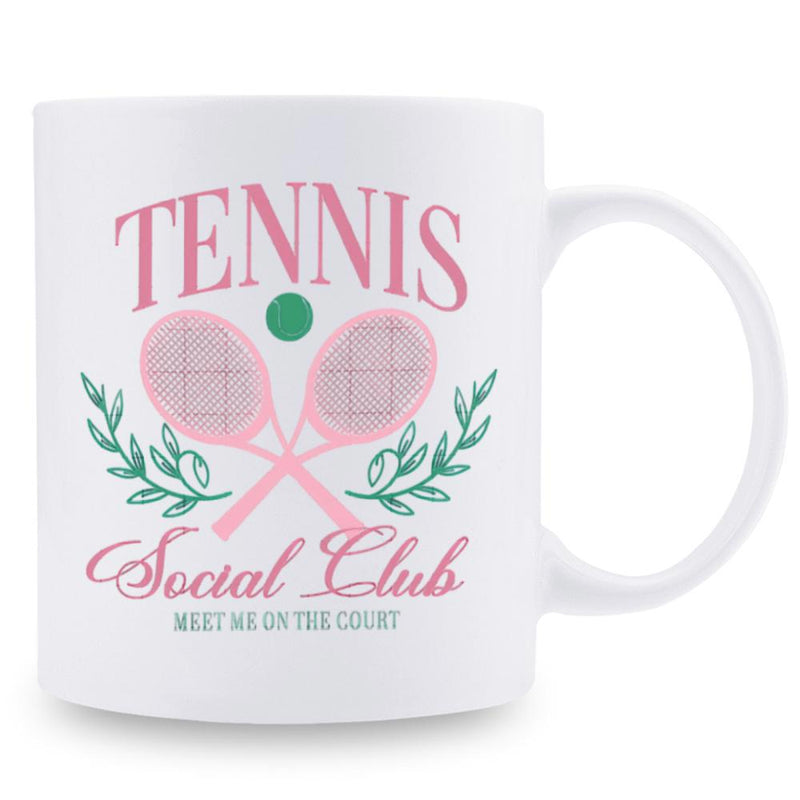 Tailorly White Ceramic 11 oz Mug - Tennis Social Club Meet Me On The Court Vintage Crossed Pink Tennis Rackets Surrounded By Green Leafy Branches Racket