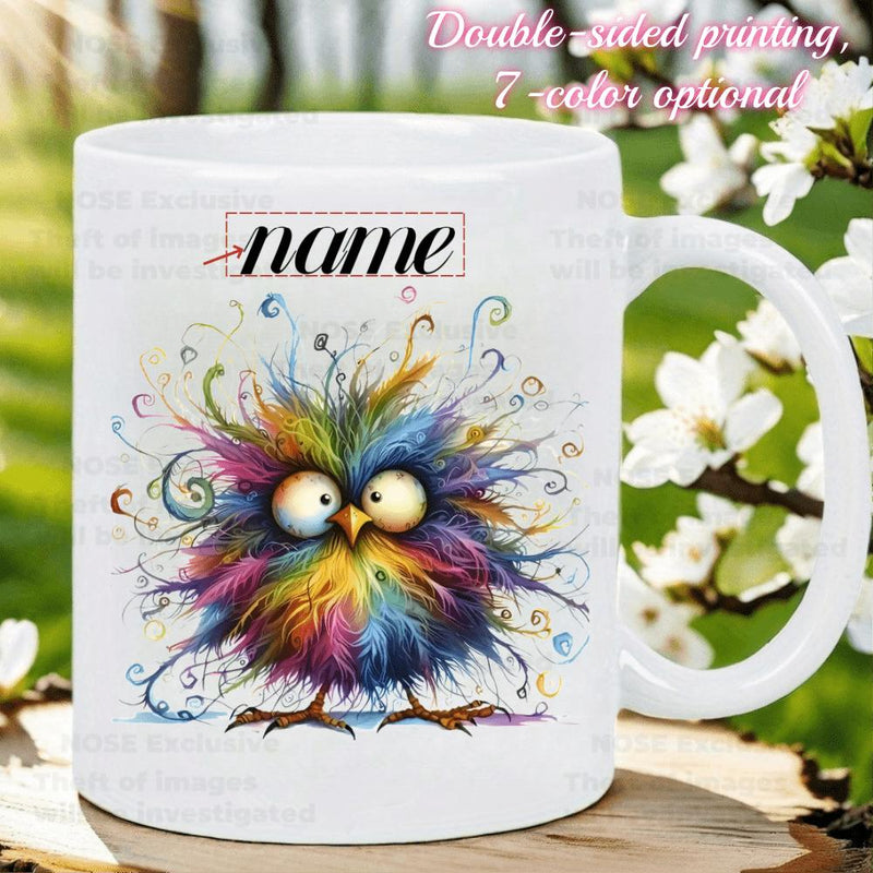 Tailorly White Ceramic 11 oz Mug - Name Vibrant Rainbow Colored Bird With Messy Feathers And Large Eyes Owl