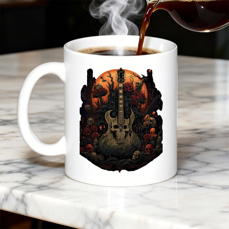 Tailorly White Ceramic 11 oz Mug - Gothic Skulls And Mushrooms Under Orange Moon Within Dark Forest Guitar