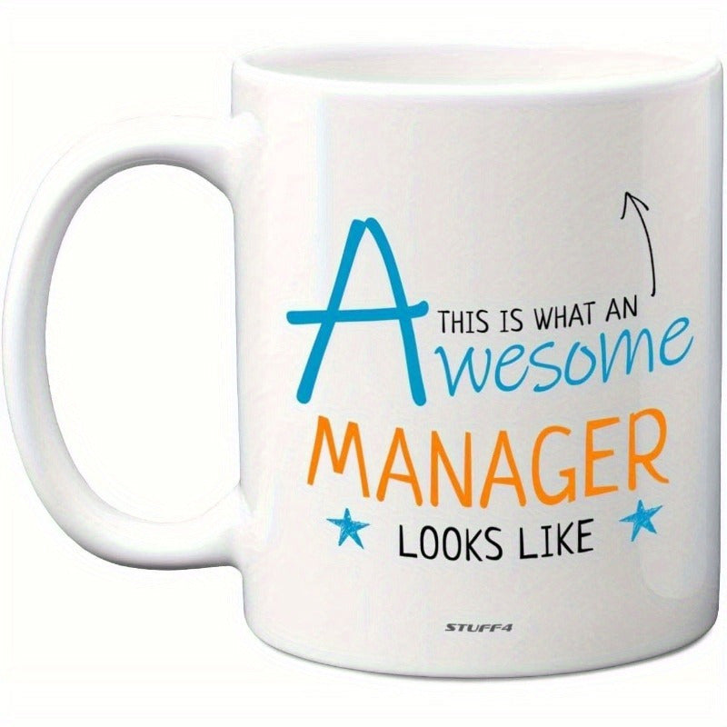 Tailorly White Ceramic 11 oz Mug - This Is What An Awesome Manager Looks Like Minimalist Typography With Small Blue Stars And Simple Curved Arrow Sign