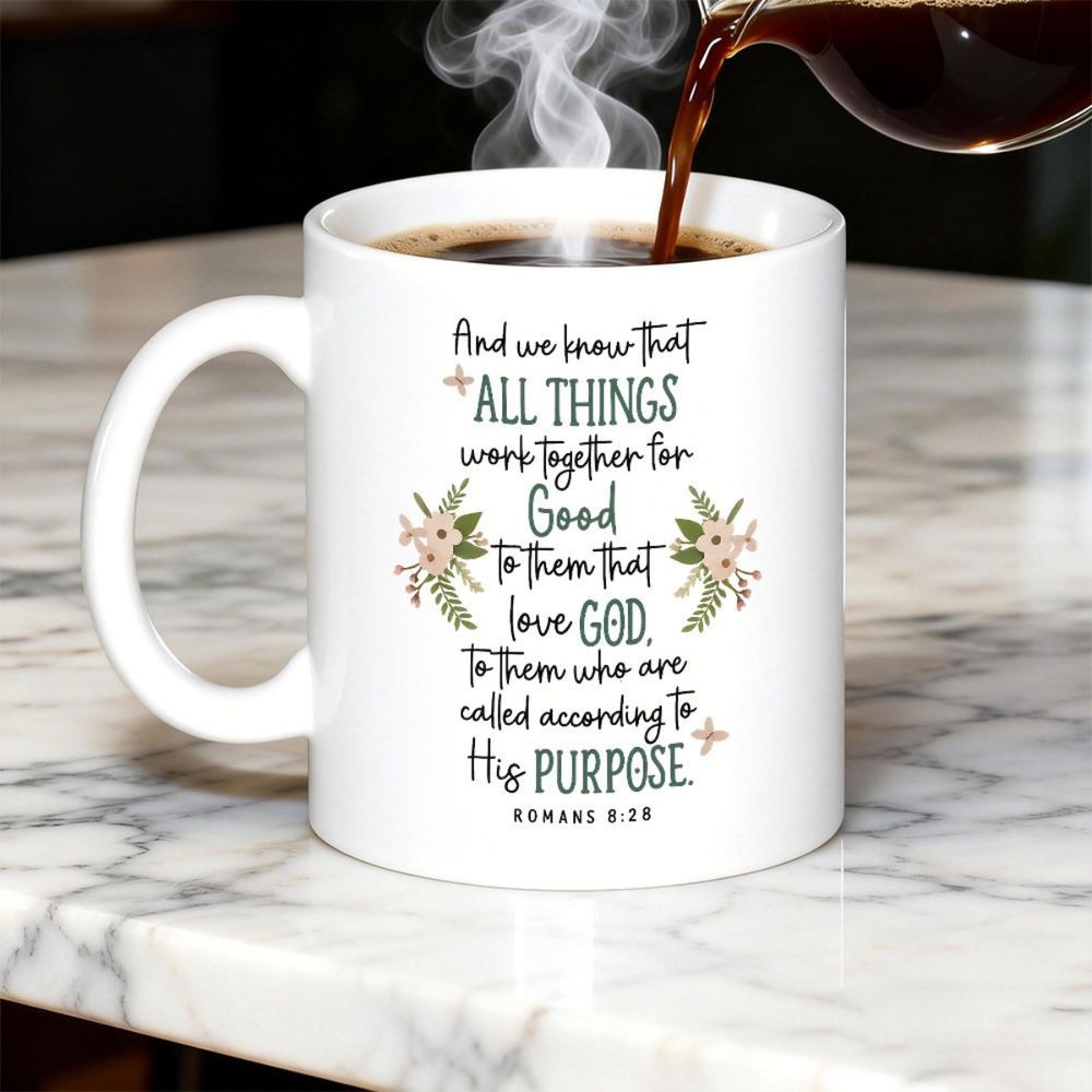 Tailorly White Ceramic 11 oz Mug - And We Know That All Things Work Together For Good To Them That Love God To Them Who Are Called According To His Purpose Romans
