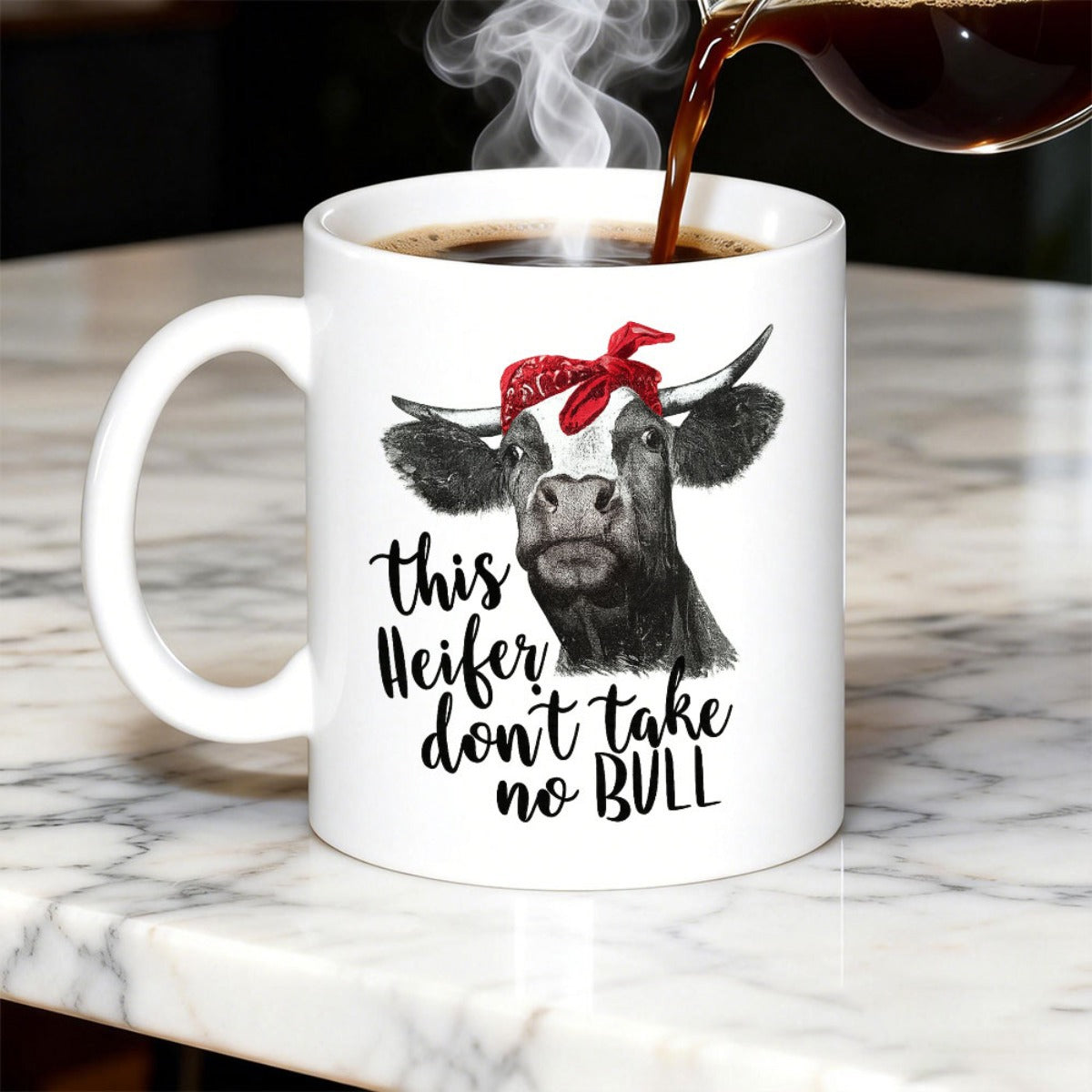 Tailorly White Ceramic 11 oz Mug - This Heifer Don't Take No Bull Detailed Charcoal Sketch Cow Wearing A Red Polka Dot Bandana Cow