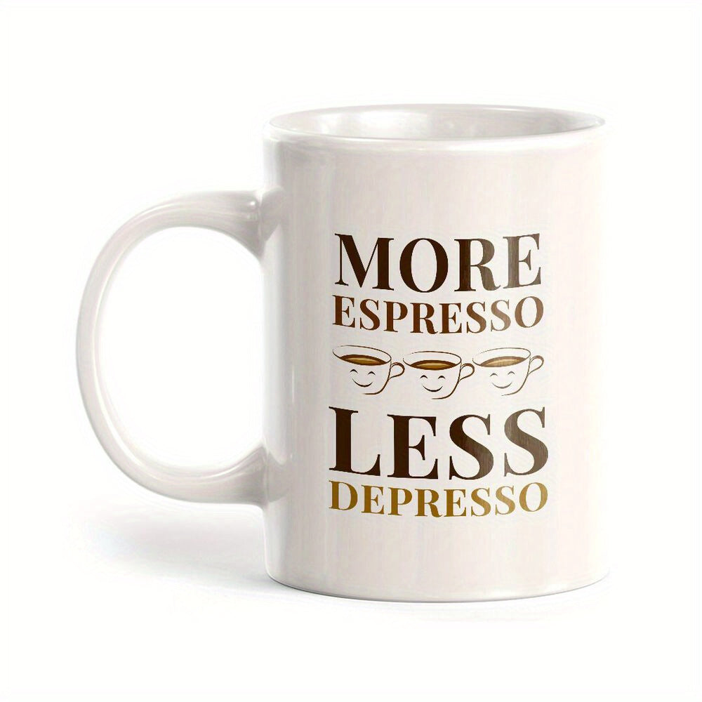 Tailorly White Ceramic 11 oz Mug - More Espresso Less Depresso Minimalist White Ceramic Featuring Cute Smiling Cups With Brown Lettering Mug