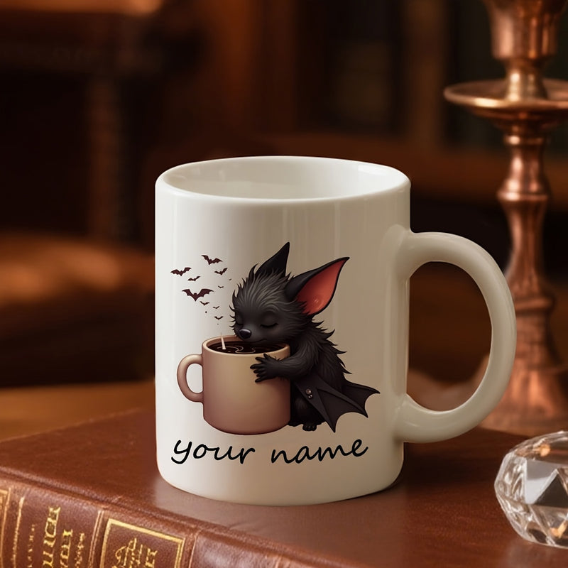 Tailorly White Ceramic 11 oz Mug - Your Name Charming Fluffy Little Creature Embracing Warm Ceramic Cup Beside Small Flying Bat
