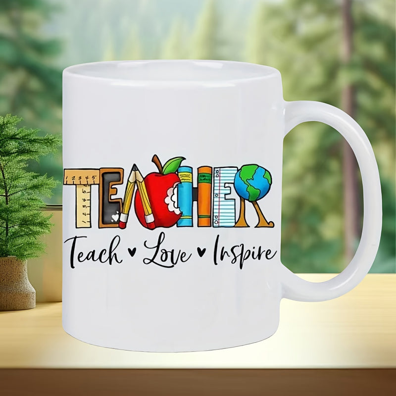 Tailorly White Ceramic 11 oz Mug - Teacher Teach Love Inspire Educational Icons Forming Artistic Word Art Among Bright School Elements Mug