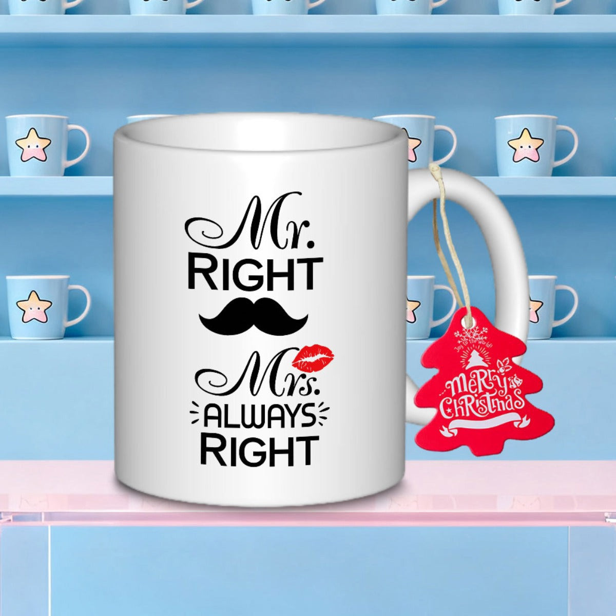 Tailorly White Ceramic 11 oz Mug - Mr Right Mrs Always Right Minimalist Black Mustache Paired With Vivid Red Seductive Lip Print Mug