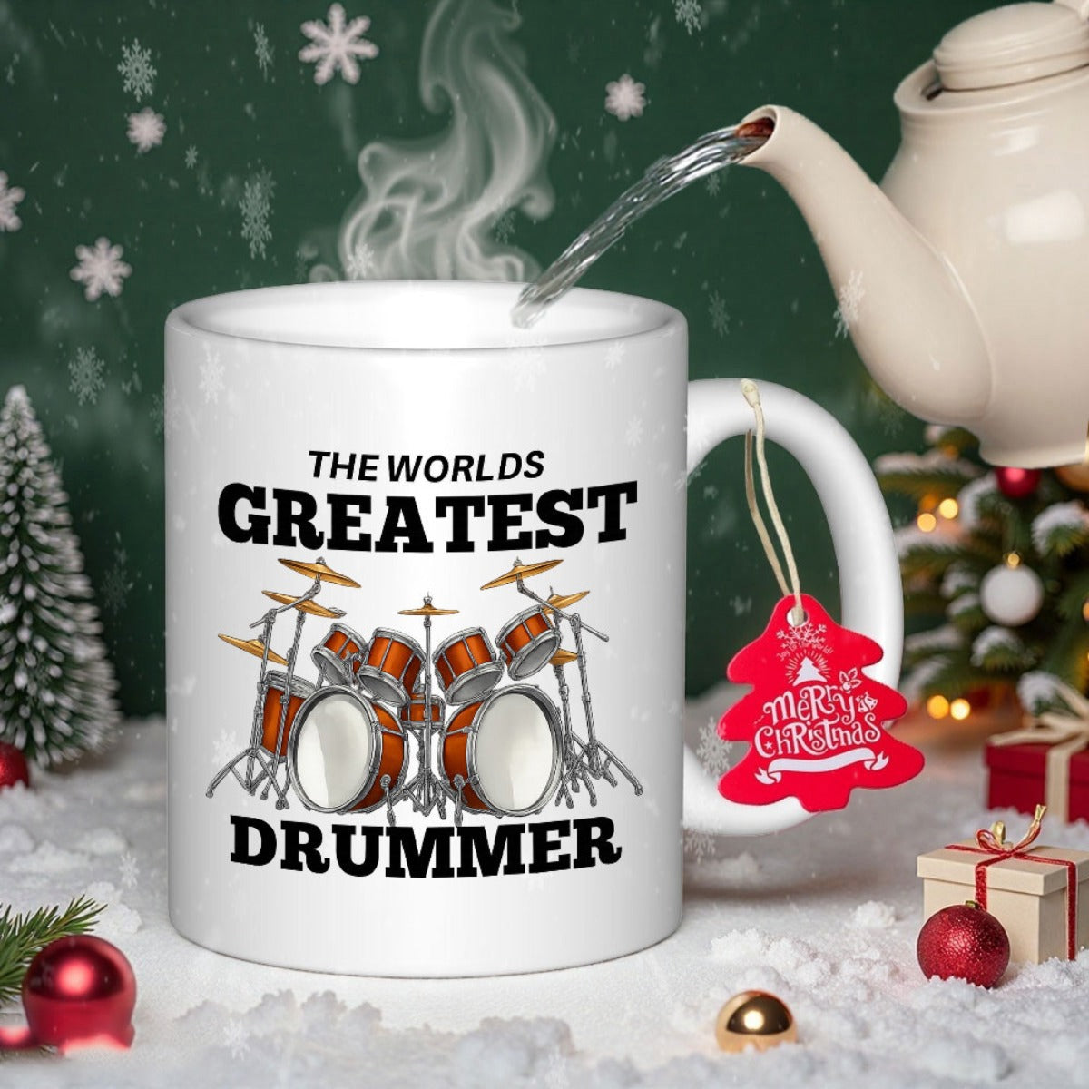 Tailorly White Ceramic 11 oz Mug - The Worlds Greatest Drummer Detailed Musical Percussion Instrument Set Featuring Polished Cymbals And Bass Drum Set