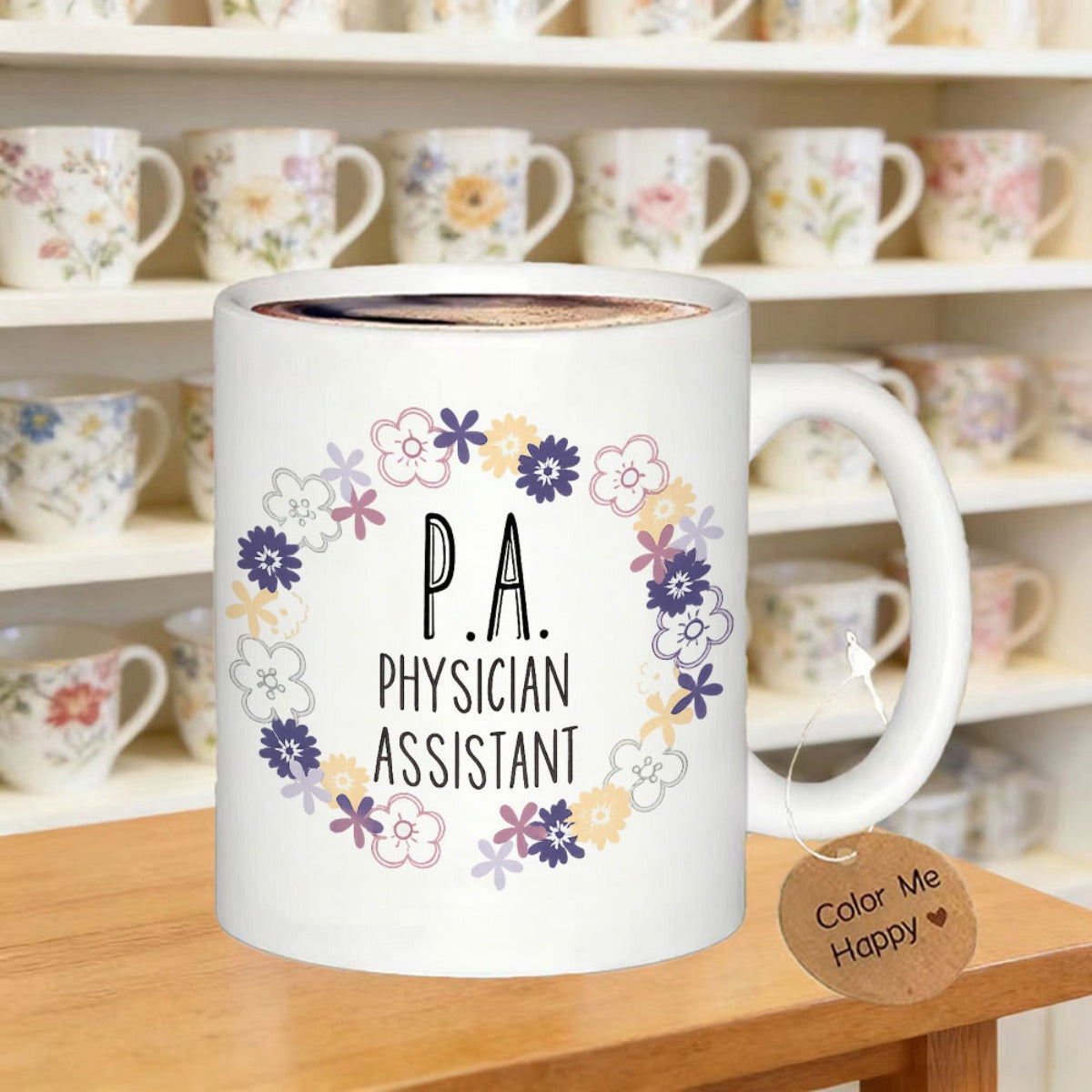 Tailorly White Ceramic 11 oz Mug - Physician Assistant Delicate Purple And Yellow Hand Drawn Wildflower Garland Design Wreath