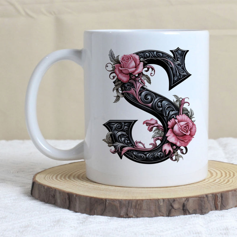 Tailorly White Ceramic 11 oz Mug - S Elegant Vintage Gothic Style With Detailed Roses And Black Filigree Letter