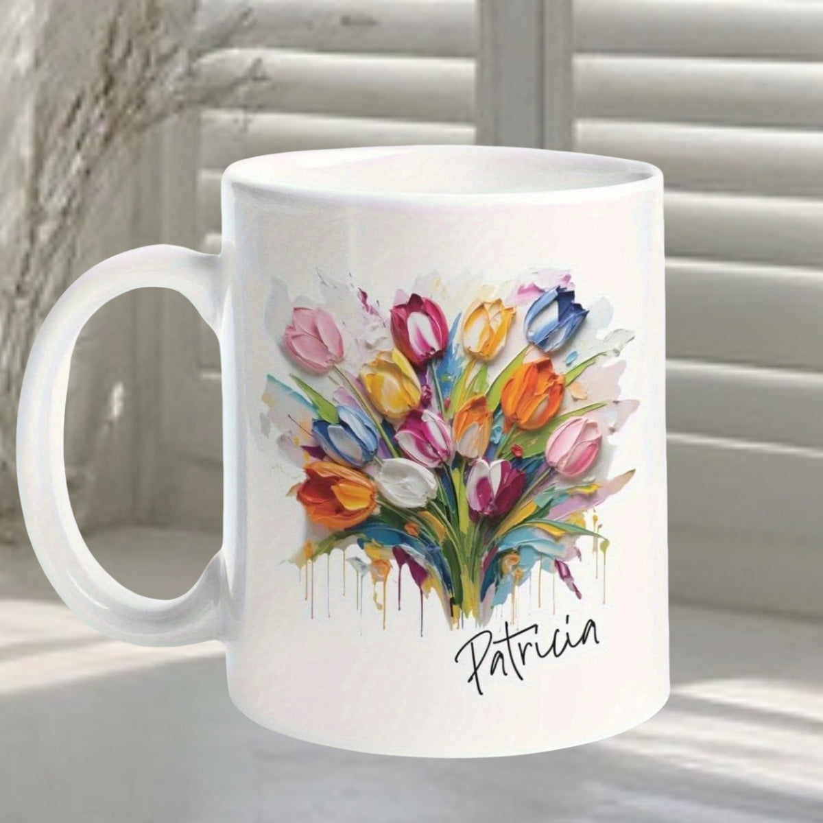 Tailorly White Ceramic 11 oz Mug - Patricia Colorful Artistic Watercolor Bouquet Featuring Vibrant Spring Petals Tulips