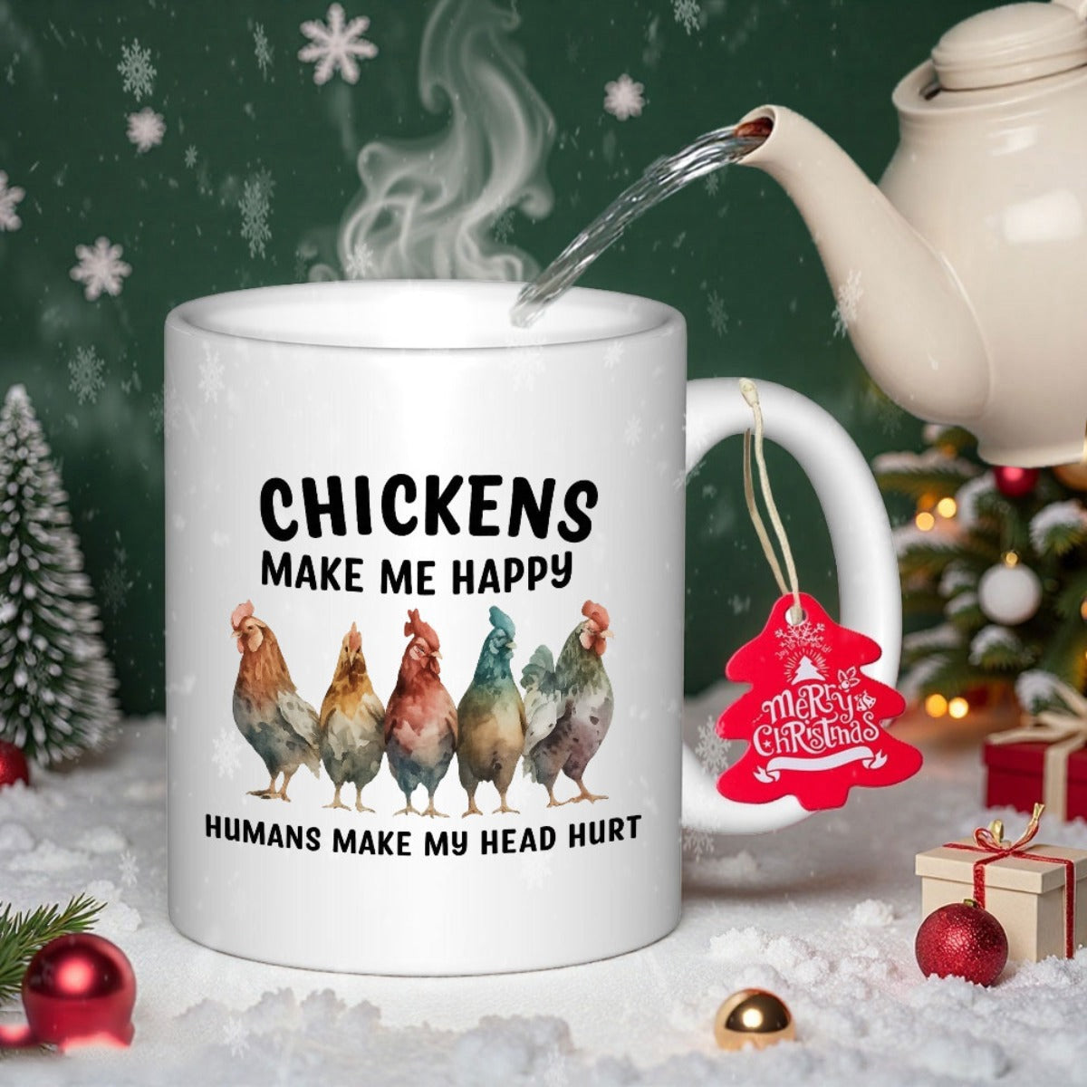 Tailorly White Ceramic 11 oz Mug - Chickens Make Me Happy Humans Make My Head Hurt Five Colorful Roosters Standing Together In A Row Chicken