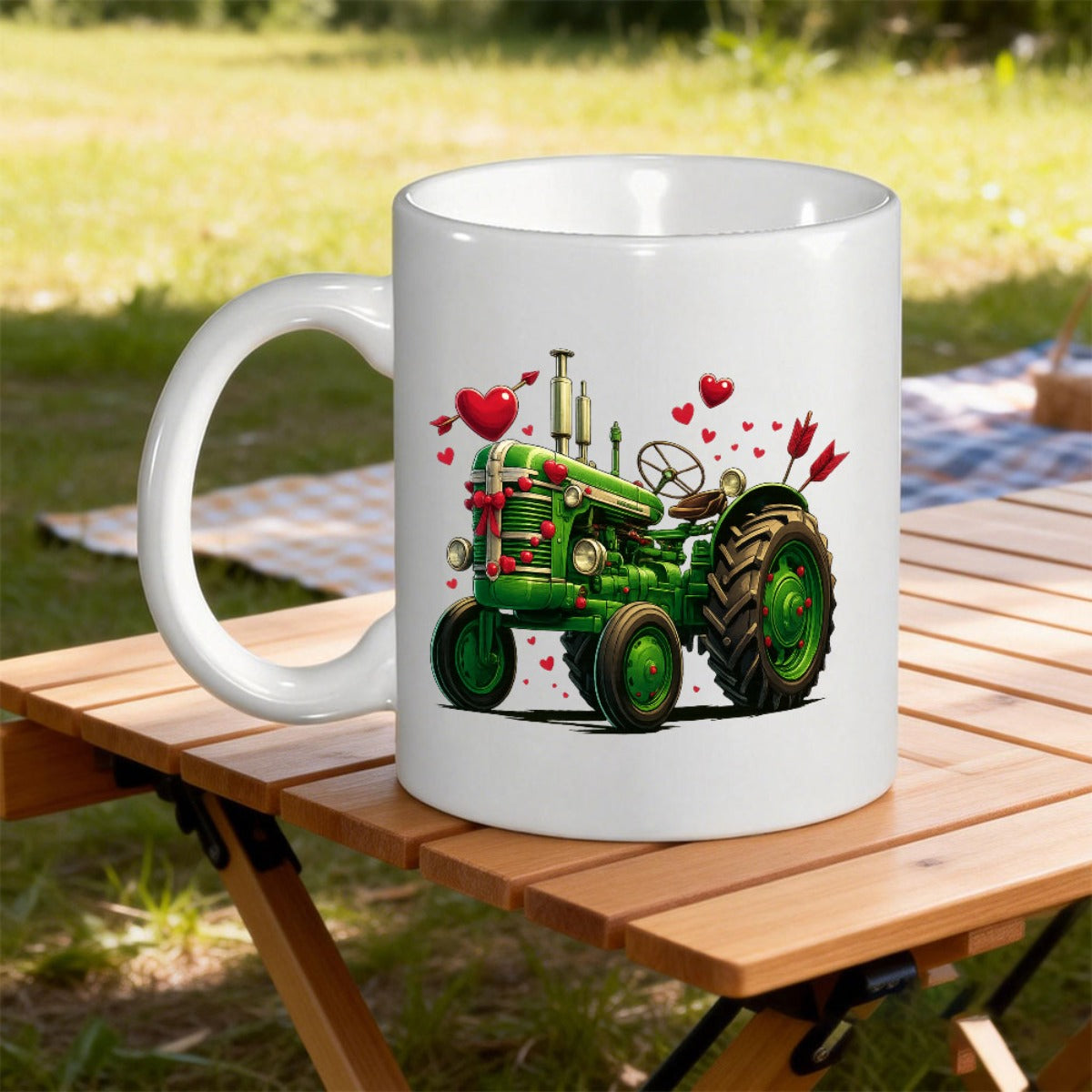 Tailorly White Ceramic 11 oz Mug - Rustic Green Farm Machine Adorned With Floating Red Romantic Hearts Tractor